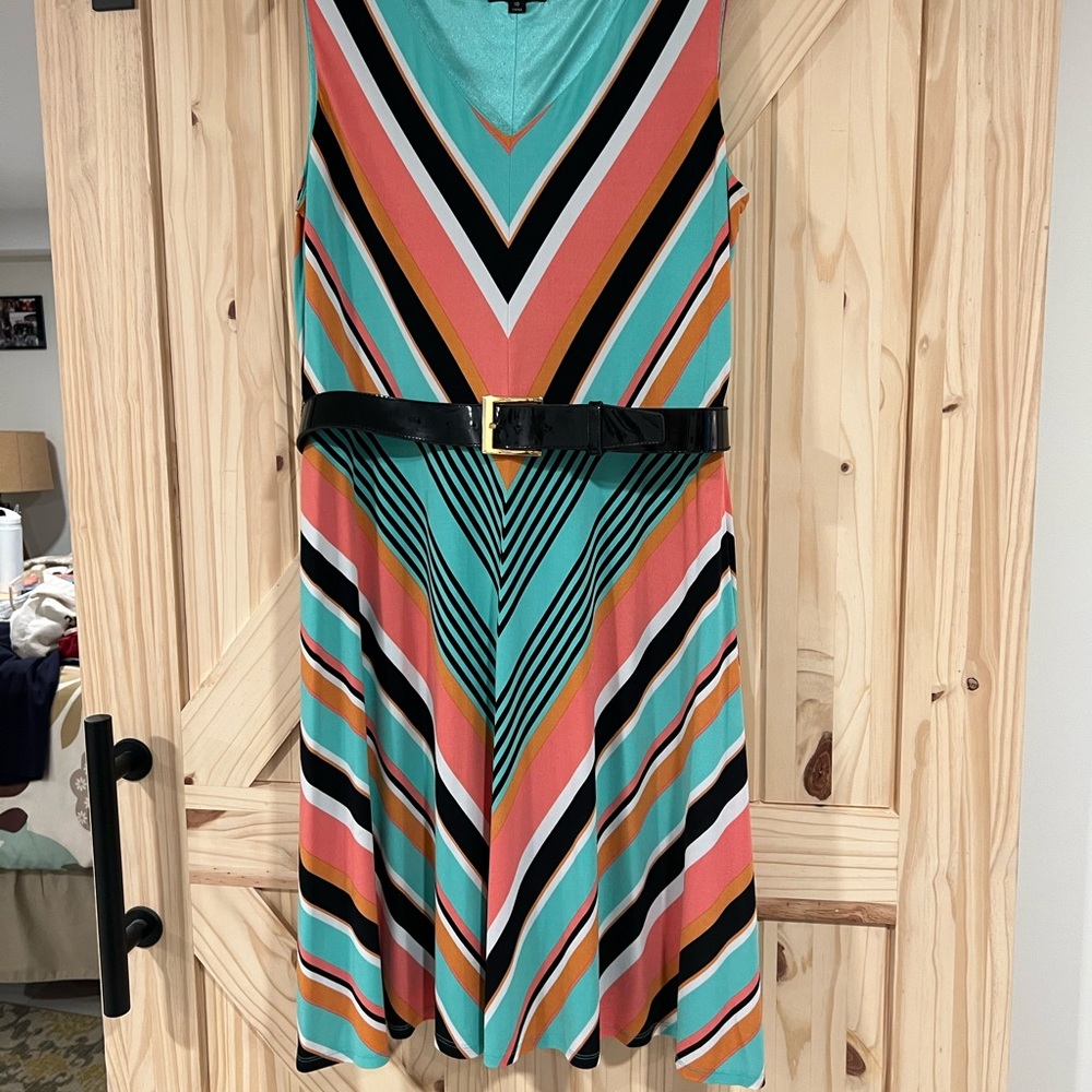 Sleeveless Stripes Tahari ASL with Belt Dress